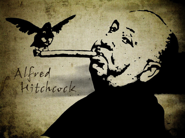 Retrato de Alfred Hitchcock para la promoción de su película Los Pájaros