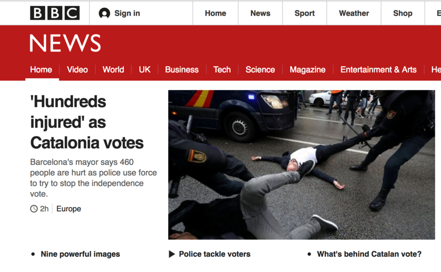 Portada de la cadena de noticias inglesa BBC. 1-10-2017