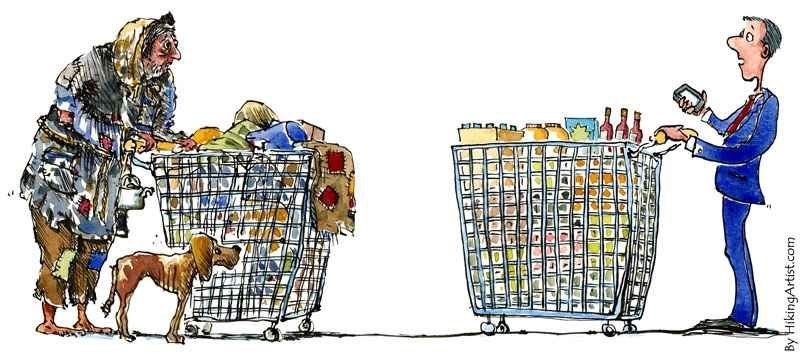 Pobre con un carrito de la compra lleno de ropa y basura, frente a rico con el mismo carrito lleno de comida