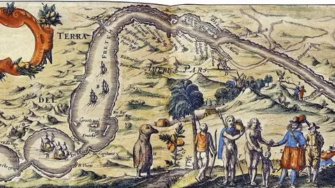 Grabado antiguo del Estrecho de Magallanes, que separa los dos oc&eacute;anos, realizado por un cart&oacute;grafo de la &eacute;poca.