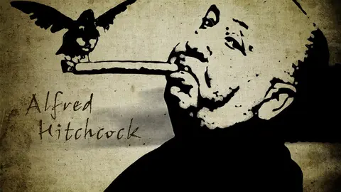 Retrato de Alfred Hitchcock para la promoci&oacute;n de su pel&iacute;cula Los P&aacute;jaros