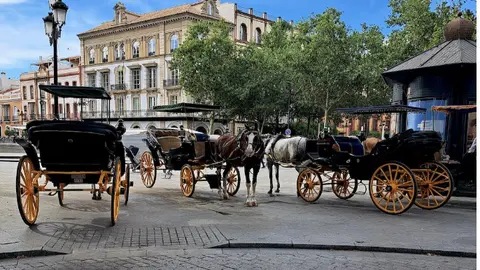 Coches de caballos esperando en Puerta de Jerez. V&iacute;ctor Garc&iacute;a