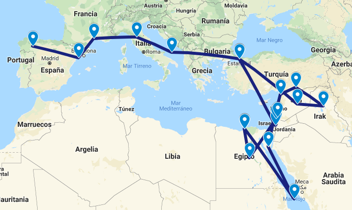 viaje egeria: Gallaeica (Galicia) - Tarraco (Tarragona) - Sur de Galia - Norte de Italia - Cruza Mar Adriático - Constantinopla - Jerusalén - Jericó - Belén - Nazaret - Cafarnaún - Egipto - Alejandría - Tebas - Mar Rojo - Monte Sinaí - Antioquía - Edesa - Mesopotamia - Siria - Constantinopla.