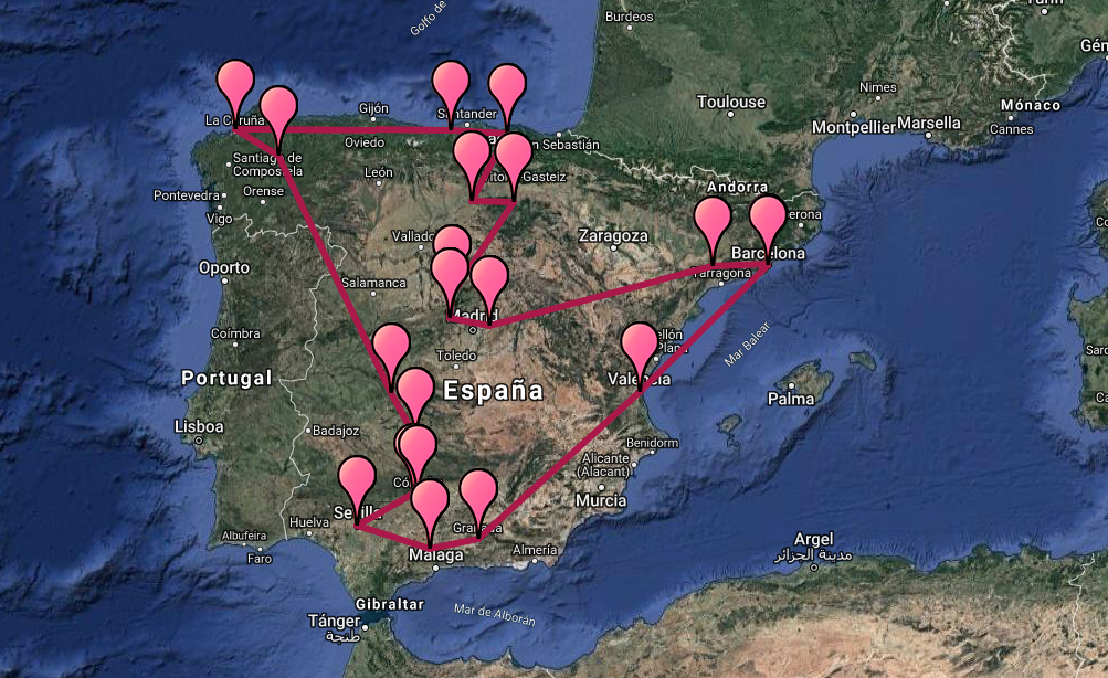 Mapa de España con puntos destacados que muestran los lugares donde se encuentran los monumentos declarados Patrimonio de la Humanidad