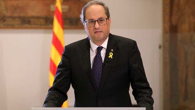 El president de la Generalitat, Quim Torra, durant la declaració institucional amb motiu del primer aniversari del 27 d’octubre (horitzontal).