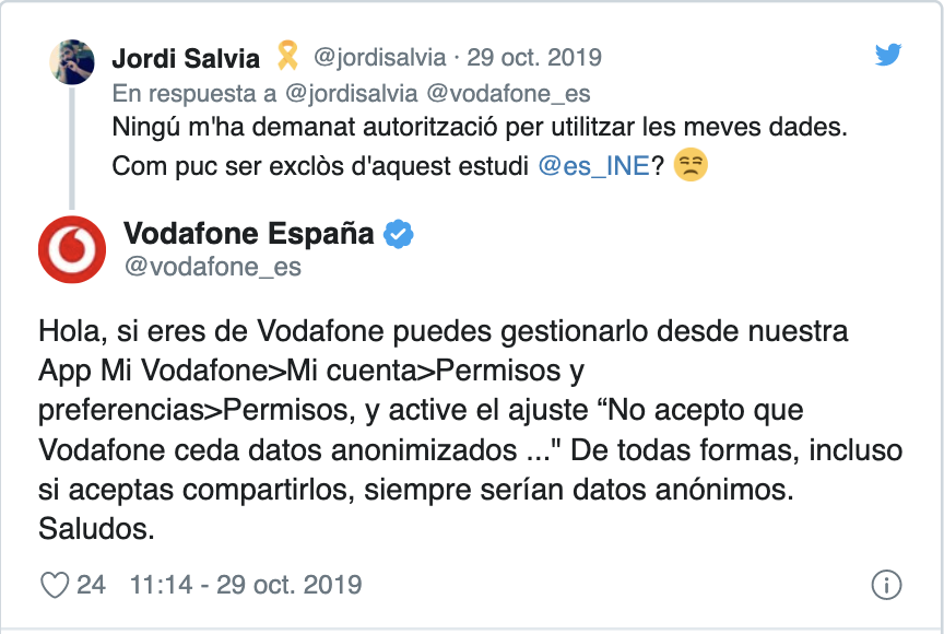 Contestación de Vodafone a un usuario de Twitter