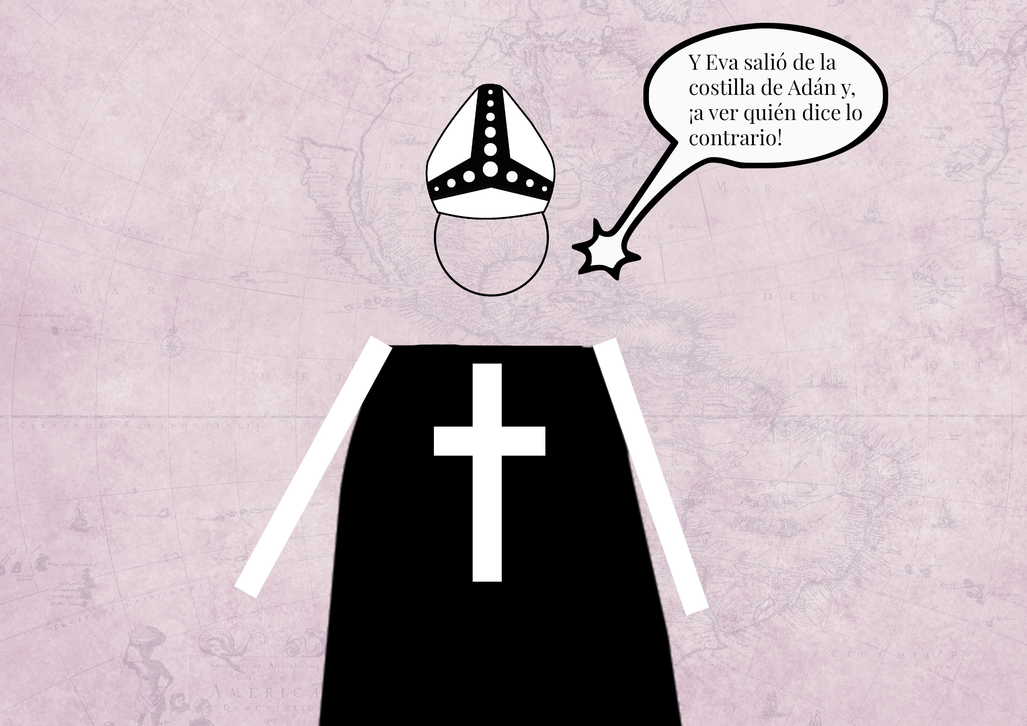 Ilustración de un cura pronunciando unas palabras machistas. Ilustración: Alejandro Martínez Cortés