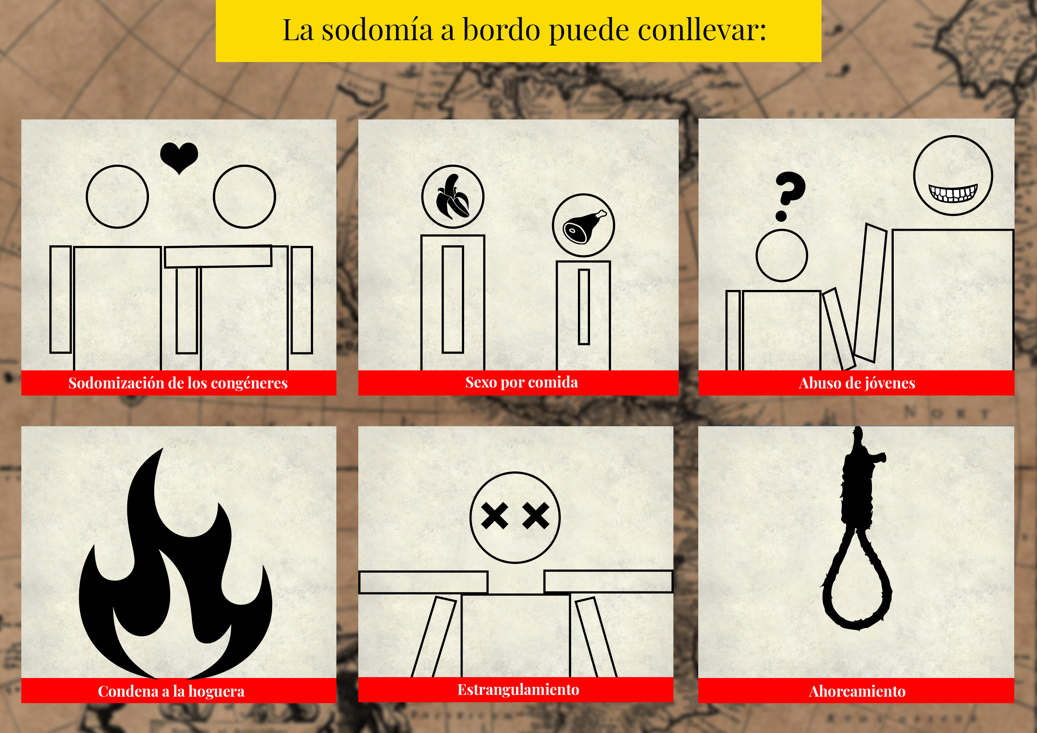 Ilustración de las consecuencias de practicar sodomía en los galeones. Ilustración: Alejandro Martínez Cortés