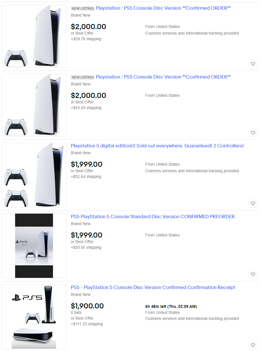 Precios de especuladores de Play Station 5 en ebay