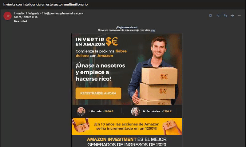 Captura de un correo sobre invertir en Amazon.