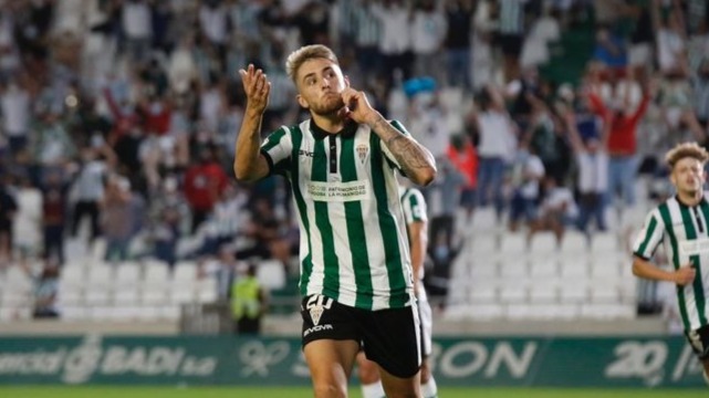 Antonio Casas, celebrando un gol en su ultimo partido con el Córdoba CF.